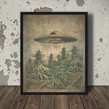 Vintage UFO ALIEN CANNABIS Wall Art, UAP 420 Pothead Poster, Sci-fi Weed Decor