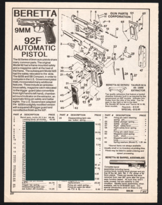 1997 BERETTA 92F 9mm Automatic Pistol Schematic Exploded Parts List | eBay