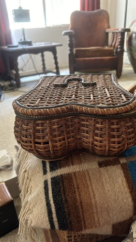 Antique Victorian Wicker Rattan Sewing Basket Green Satin Lining - Picture 2 of 20