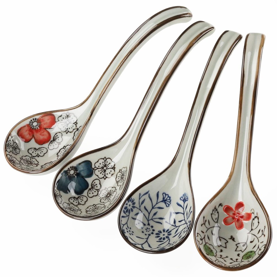 Ceramic Soup Spoons Set of 4 Porcelain Japanese Soup Spoon Long Handle