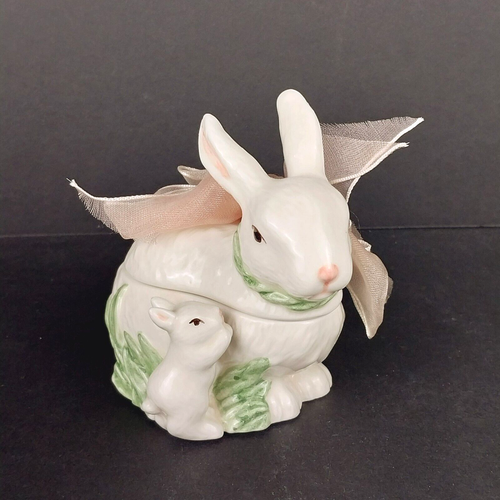 1999 Mud Pie Rabbit and Baby Bunny Jewelry Trinket Box 3.5