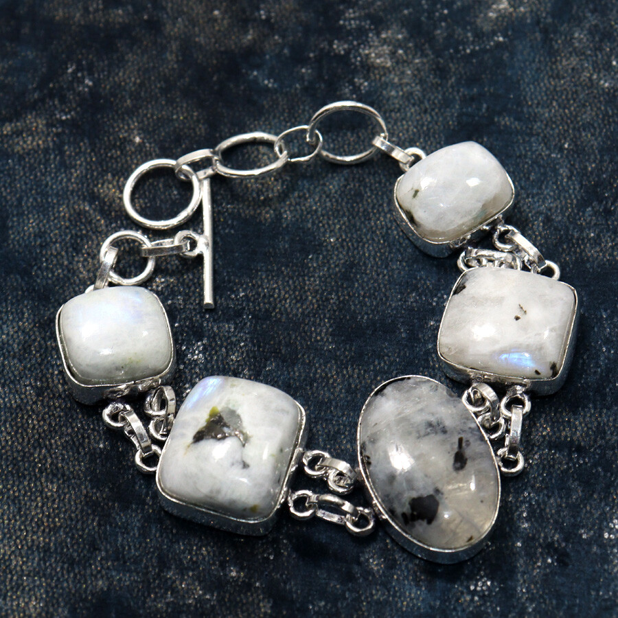 925 Silver Plated Rainbow Moonstone Ethnic Bracelet Jewelry Size 7.5