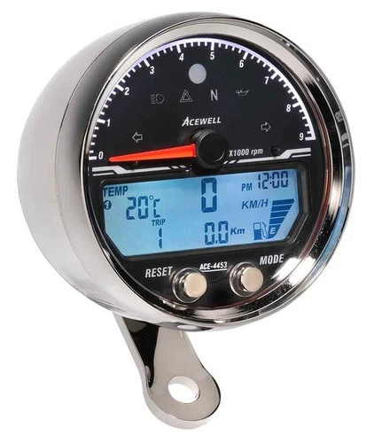Acewell Digital Speedometer with Analogue Tacho to 9000rpm. Polished Chrome Hous
