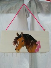 Handmade wood hand painted jewelry key dog leash holder with hooks horse