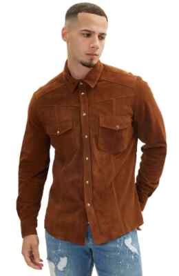Dark Tan Men Suede Leather Shirt Jacket 100% Pure Lambskin Made To Measure Shirt
