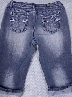 Earl Jean Petite Womens Size 8P Low Rise Blue Faded Med. Wash Rhinestone Cuffs