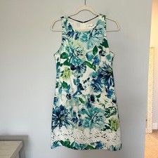 Eliza J. Shift Dress Womens 6 Floral Blue Green Lace Sleeveless Preppy Stretch