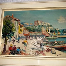 60s French Riviera coast beach original oil Painting impressionist art by Burla