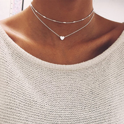 Womens Fashion Jewelry Silver Color Double Layered Heart Chain 34-2