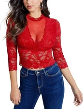 GUESS Size S Red Lace Crop Blouse Sheer Comfy Top Shirt Womens