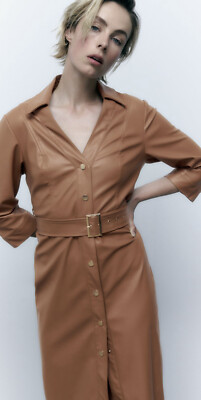 ZARA FAUX LEATHER MIDI DRESS TAUPE BROWN SZ XL NEW | eBay