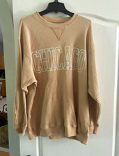 Aerie Women  s Beige L Pullover Crewneck Waffle Knit Chicago Graphic Sweatshirt