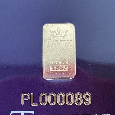 999 Fine Gold - Tavex 0.25g Gold Bar Certified Genuine 24k Bullion
