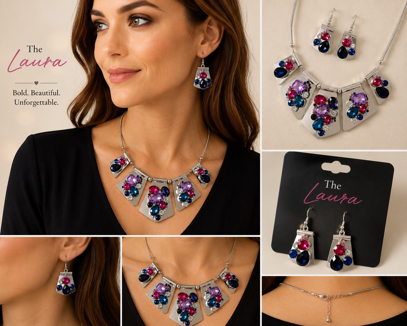 Signature Multicolor Crystal Necklace & Earrings Jewelry Set Silver-Tone Metal
