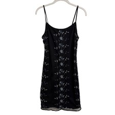 VTG Y2K Mini Dress M Black Floral Embroidered Indie Whimsygoth Dark Fairy Mesh