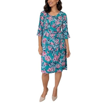 Connected Apparel Midi Floral Dress Size 14 Green Pink 3/4 Sleeve NEW