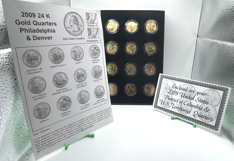 2009 P&D State Quarters - 12-Coin DC & Territories - 24K Gold Plated w/ Capsules