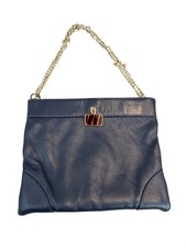 Vintage Ande Clamshell Navy Blue Handbag Purse Gold Strap Handle