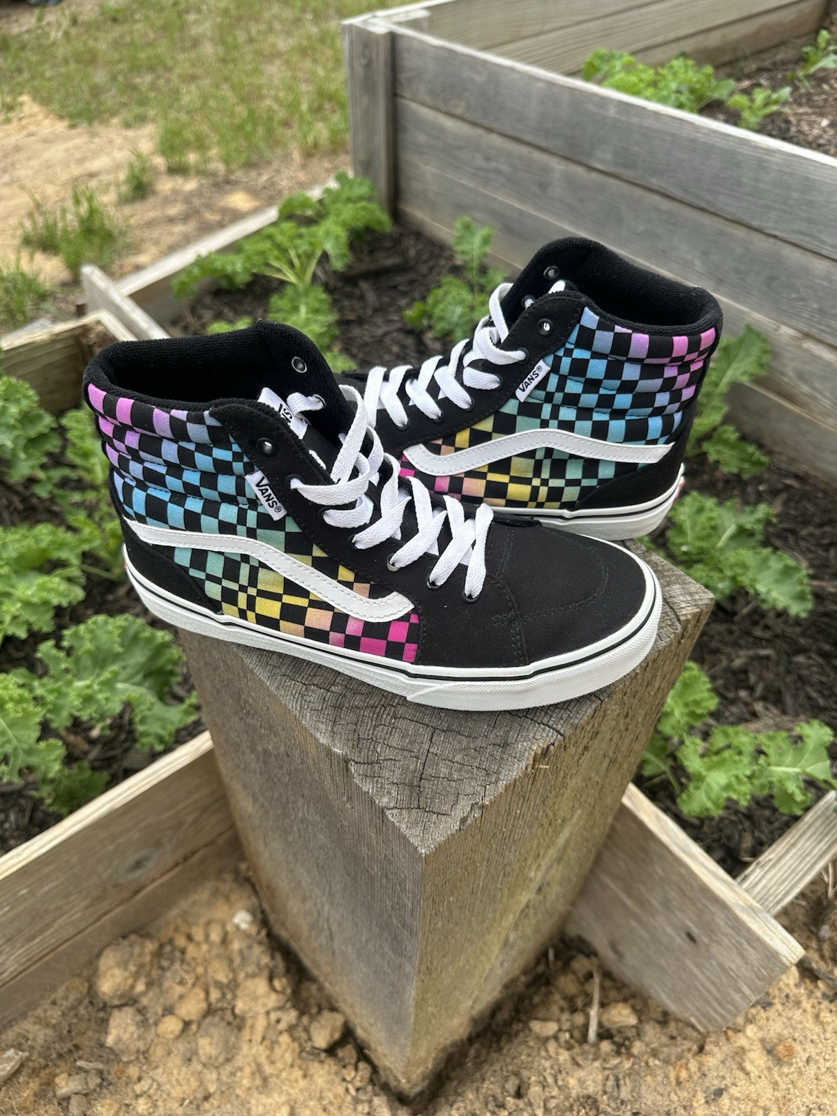 Vans Sk8 Hi Sneakers Shoes Black Rainbow Checkerboard Missy Youth Size 5 New