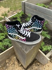 Vans Sk8 Hi Sneakers Shoes Black Rainbow Checkerboard Missy Youth Size 5 New