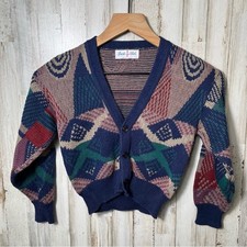 Vtg 90s Kids Button Cardigan Knit Sweater Geomtric Grandpa Multicolor Size 4