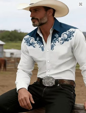 New Men Long-Sleeved Shirt Western Cowboy Style Vintage Pattern Printed Lapel