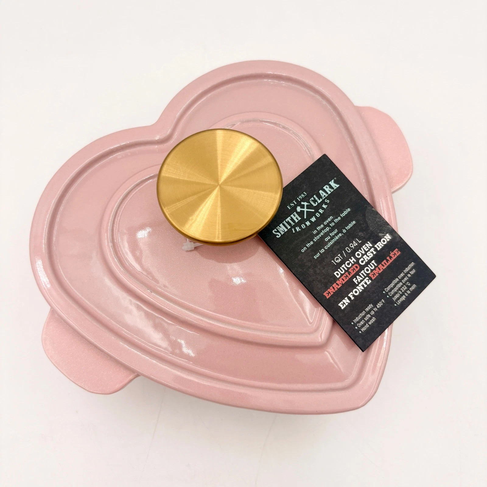 Smith & Clark 1QT Heart Dutch Oven Enameled Cast Iron Pink Gold Knob NEW