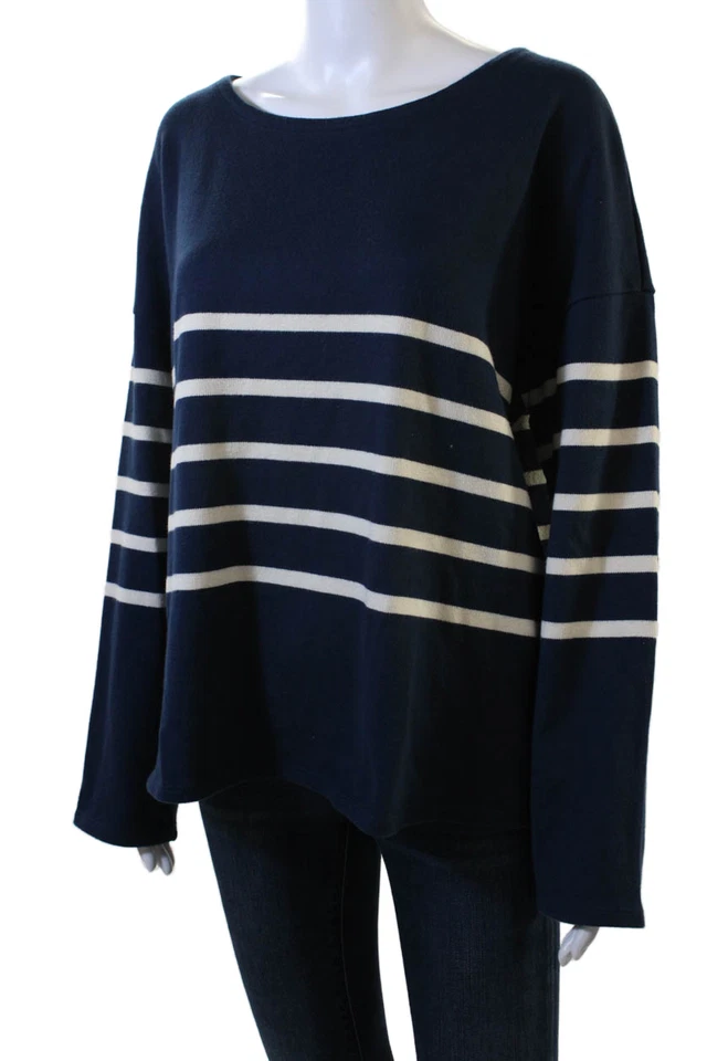 Suéter Pullover Eileen Fisher Unisex Rayas Algodón Orgánico Azul Oscuro Talla L Foto 2 de 4
