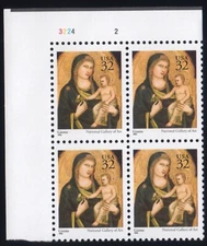 Scott #3003 Madonna (Mary, Giotto) Plate Block of 4 Stamps - MNH P#3224-2 UL