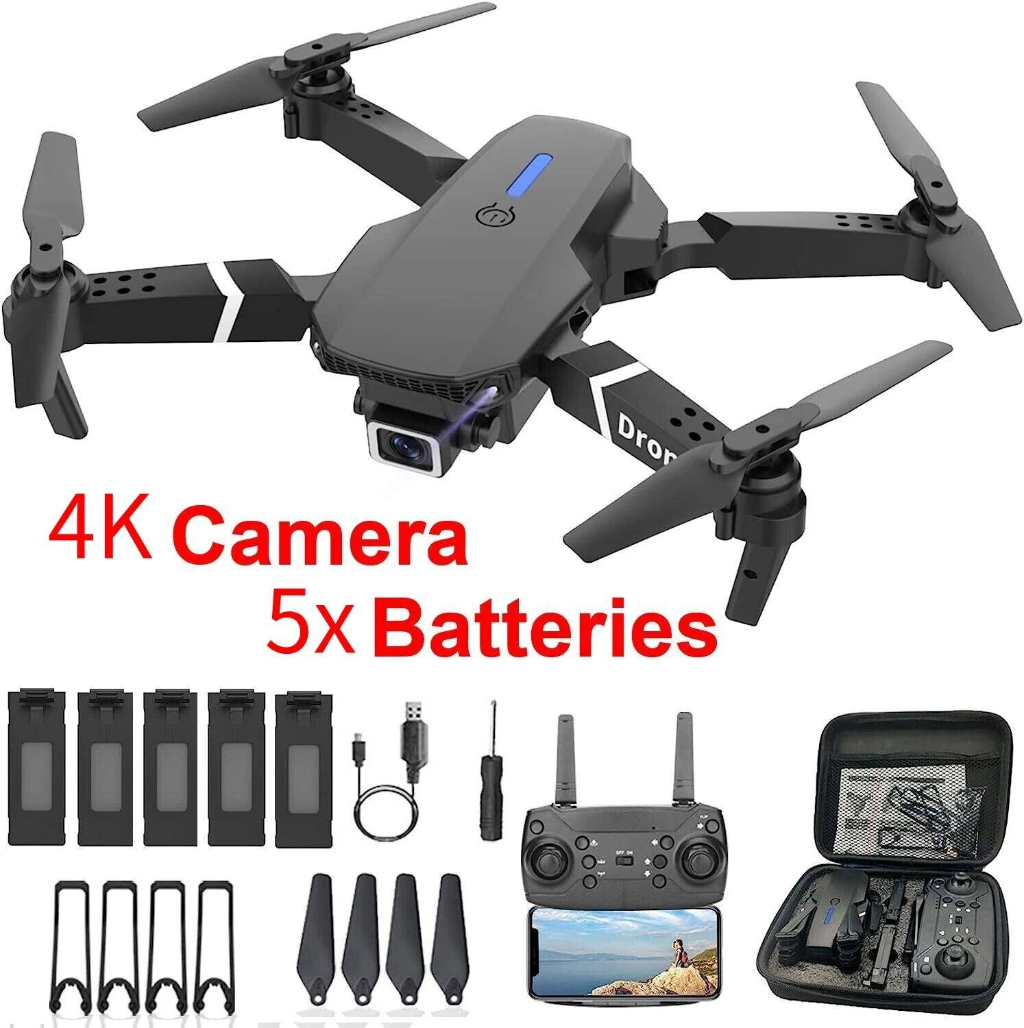 4K HD Camera FPV Foldable Drone with 5 Batteries