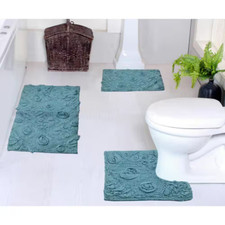 Modesto Bath Rug 100 Cotton Bath Rugs Set, 3-Pcs Set with Contour, Blue