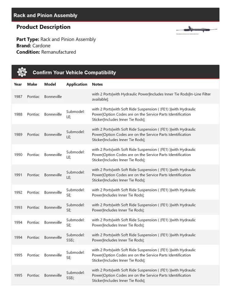 Для 1987-1995 Pontiac Bonneville стойка и шестерня в сборе Cardone 1988 1989 1990 - Изображение 2 из 4