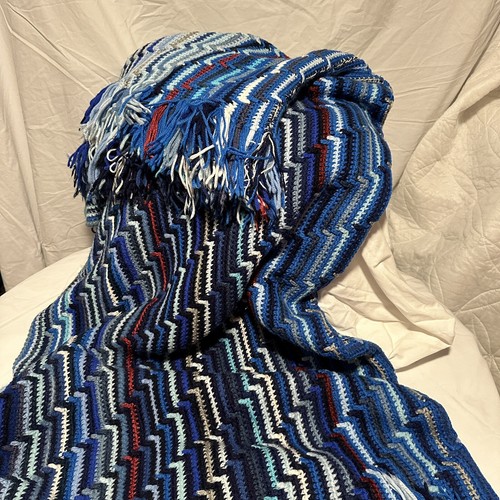 Blanket Handmade Hand Knit Hand Crochet Red Blue Tan Grey Striped 56” X 70”