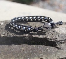 Men's Hematite Gemstone 8mm Beaded Black Leather Bracelet USA