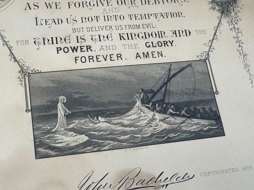 1879 Lord's Prayer D.T. Kendrick Lithograph 16.75" x 13.75" Jesus Walks on Water - Picture 7 of 13