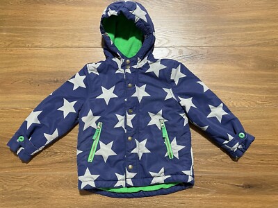 Mini Boden Hooded Navy Blue Star Jacket sz 4-5 Zips & Snaps Fleece Interior