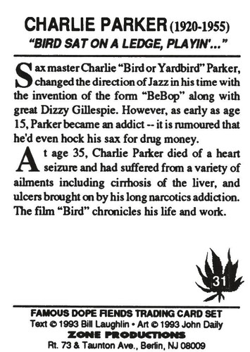 Tarjeta coleccionable #31 Charlie Parker, Famous Dope Fiends - Imagen 2 de 3