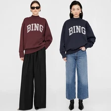 ANINE BING Letter Prints Cotton High Neck Loose Women's Sweatshirt Men's Top Hot