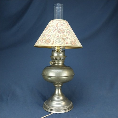 #ad Vintage Rayo Like MCM Electric Converted Oil Lamp Brass Body w Chimney and Shade $60.00