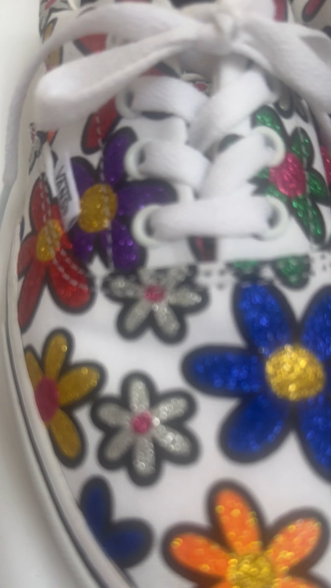 Vans Platform White Rainbow Glitter Flower Daisy Sneakers Size