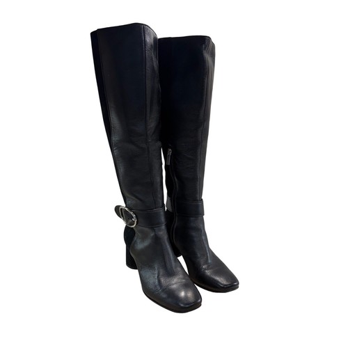Nordstrom Rack Leather Suede Knee High Boots Womens 8 Black Buckle Block Heel