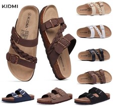 KIDMI Womens Leather Cork Footbed Sandals Comfortable Summer Buckle Beach Slides
