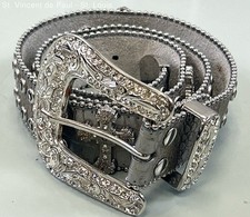 Bling Western Cowgirl Fleur De Lis Studded Belt Genuine Leather - Silver Size L