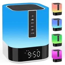 Night Light Bluetooth Speaker Alarm Clock, Upgraded Touch Bedside Lamp for Be...