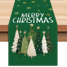 Christmas Trees Snowflakes Green Merry Christmas Table Runner, Winter Seasona...