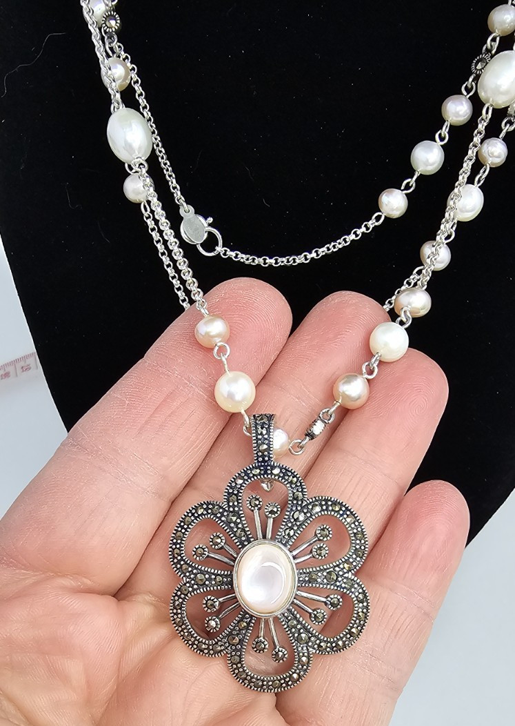 Sterling Silver Pearl stackable Necklace with Mar… - image 3