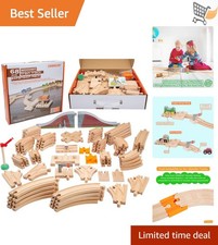 Wooden Train Tracks Expansion Set 68 Pieces Incl Arched Bridge Signal Pole