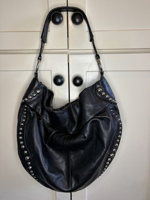 B Makowsky Black Pebbled 100% Genuine Leather & Silver Studded Hobo Bag Purse