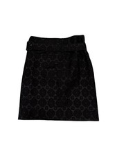 Prada Woen's Silk Skirt Abstract Silver Metallic Pattern Belt Pencil Black Sz 42