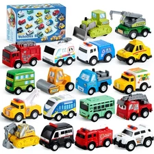 JOYIN 18-Pack Pull Back City Cars & Trucks Toy Vehicle Set - Friction Powered